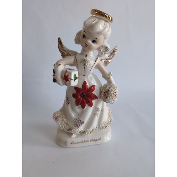 Vintage Angel Figurine Christmas December Poinsettia Shopper Knobler Ceramic - Picture 1 of 6